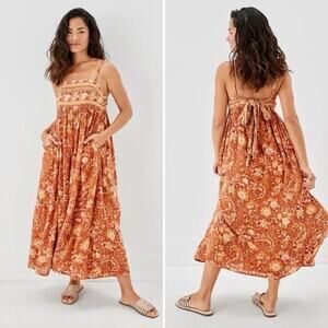 American Eagle AEO Floral Tie Back Midi Tube BOHO A-Line Orange Dress XL NEW